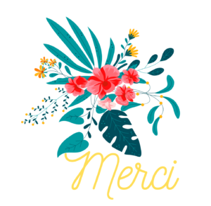 Paillettes et Arc-en-Ciel - Vers une éducation coopérative et des enfants épanouis - Illustration d'un bouquet de fleurs dans les tons bleu-vert et orangé rouge, avec l'inscription MERCI